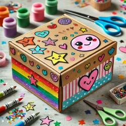 DALL·E 2024-08-02 20.33.39 - A handmade box packaging created by children. The box is made from colorful cardboard, with uneven edges and decorations that include hand-drawn stars