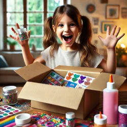 DALL·E 2024-08-02 20.38.58 - A joyful scene of a young girl doing an unboxing. The girl, around 7 years old with brown hair in pigtails, is sitting at a table with a big smile on
