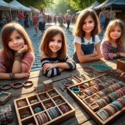 DALL·E 2024-08-02 20.45.52 - A photograph-like image of young girls, aged 7 to 10, selling handmade crafts at an outdoor market. The scene captures the girls behind a wooden table
